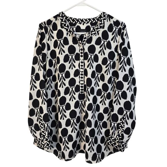 Talbots Band Collar Popover Blouse Women's L Black Cream Career Summer Party - Picture 1 of 10